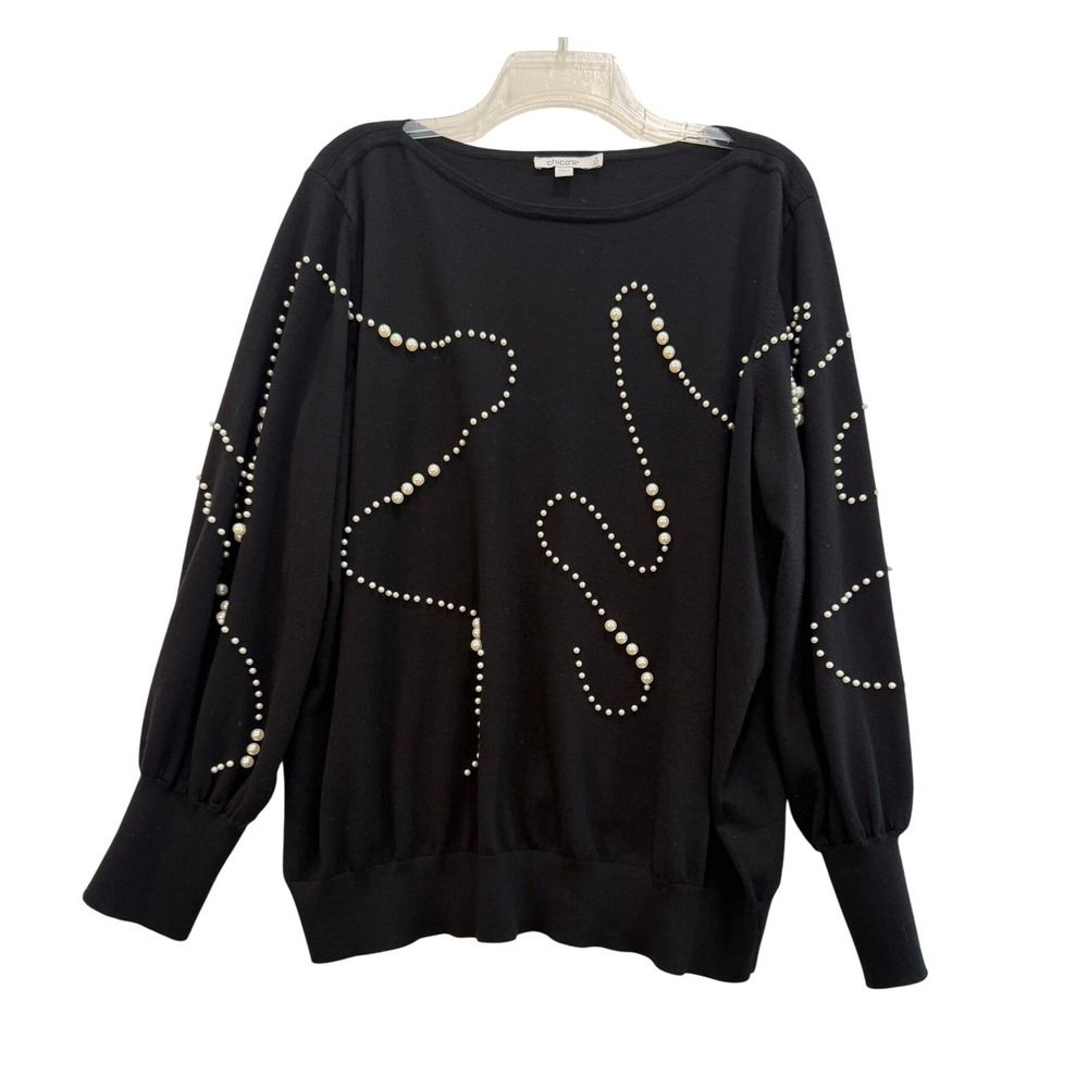 Chicos Black Faux Pearl Embellished Sweater Lantern Sleeve Knit Top Size 4 / XXL